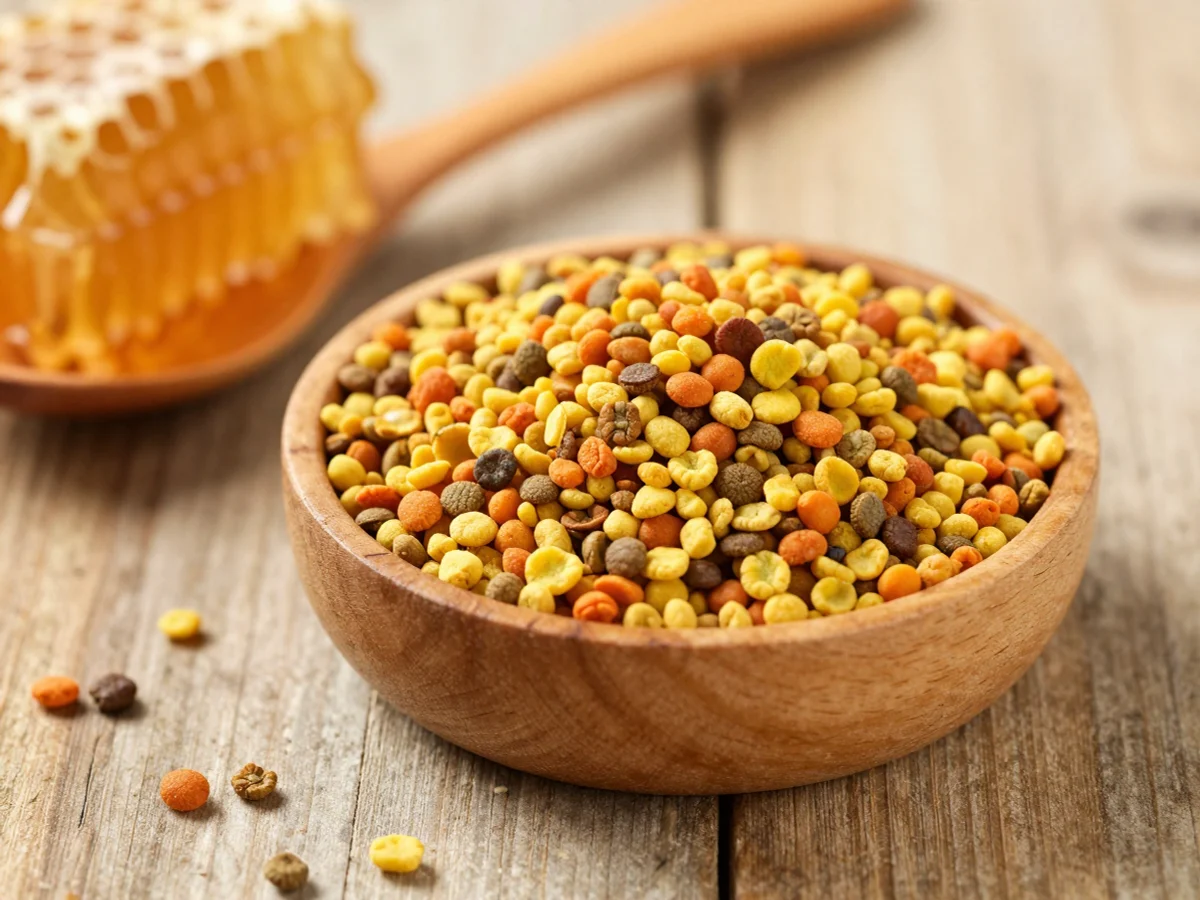 Bee pollen dalam mangkuk kecil; foto stok