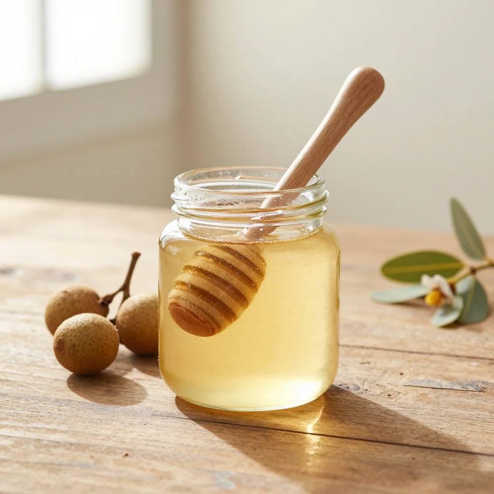 Toples madu di meja kayu; foto stok