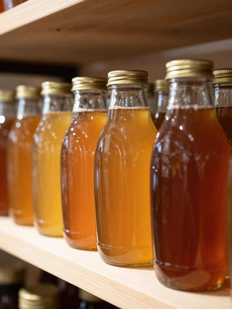 Botol madu berjajar dengan cahaya hangat; foto stok