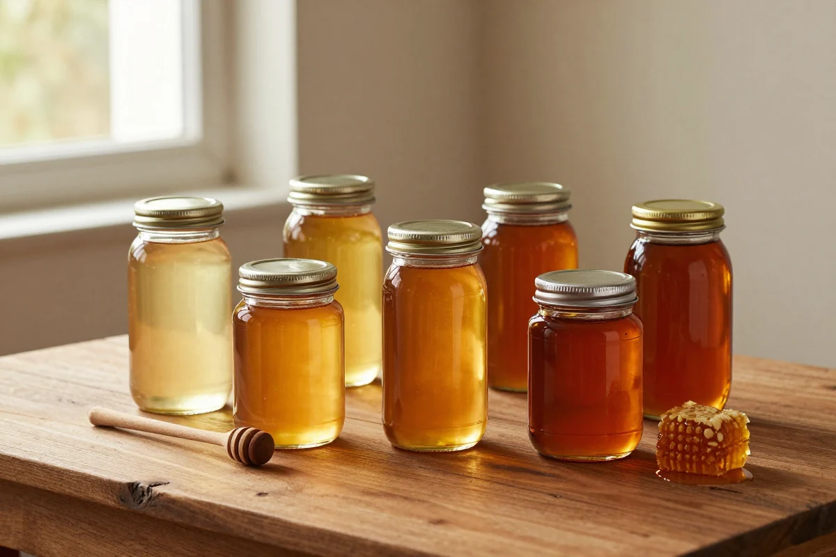 Botol dan toples madu tertata di meja kayu; foto stok