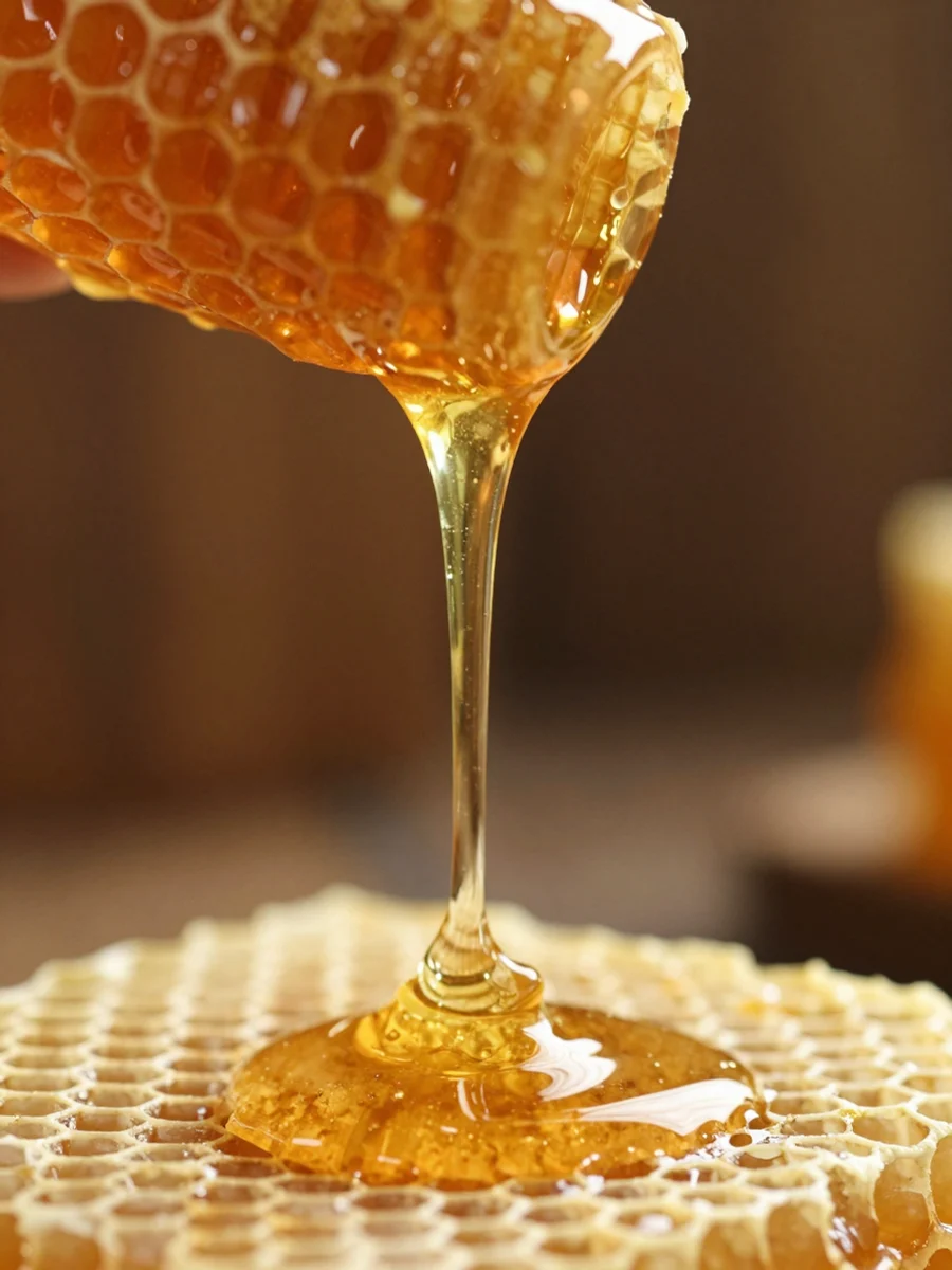 Madu menetes dari sarang lebah keemasan; foto stok